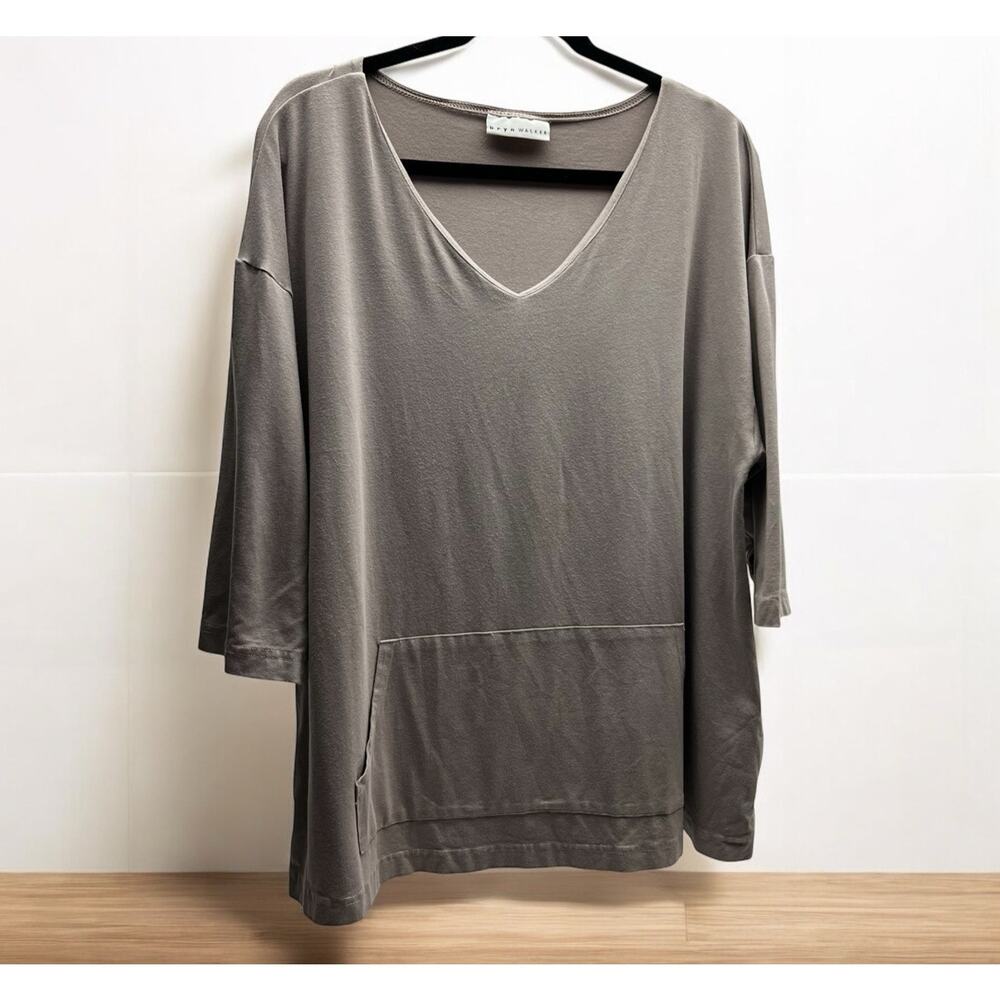 Bryn Walker Bamboo Tunic Top USA Made Medium Taupe V Neck Pocket Minimalist